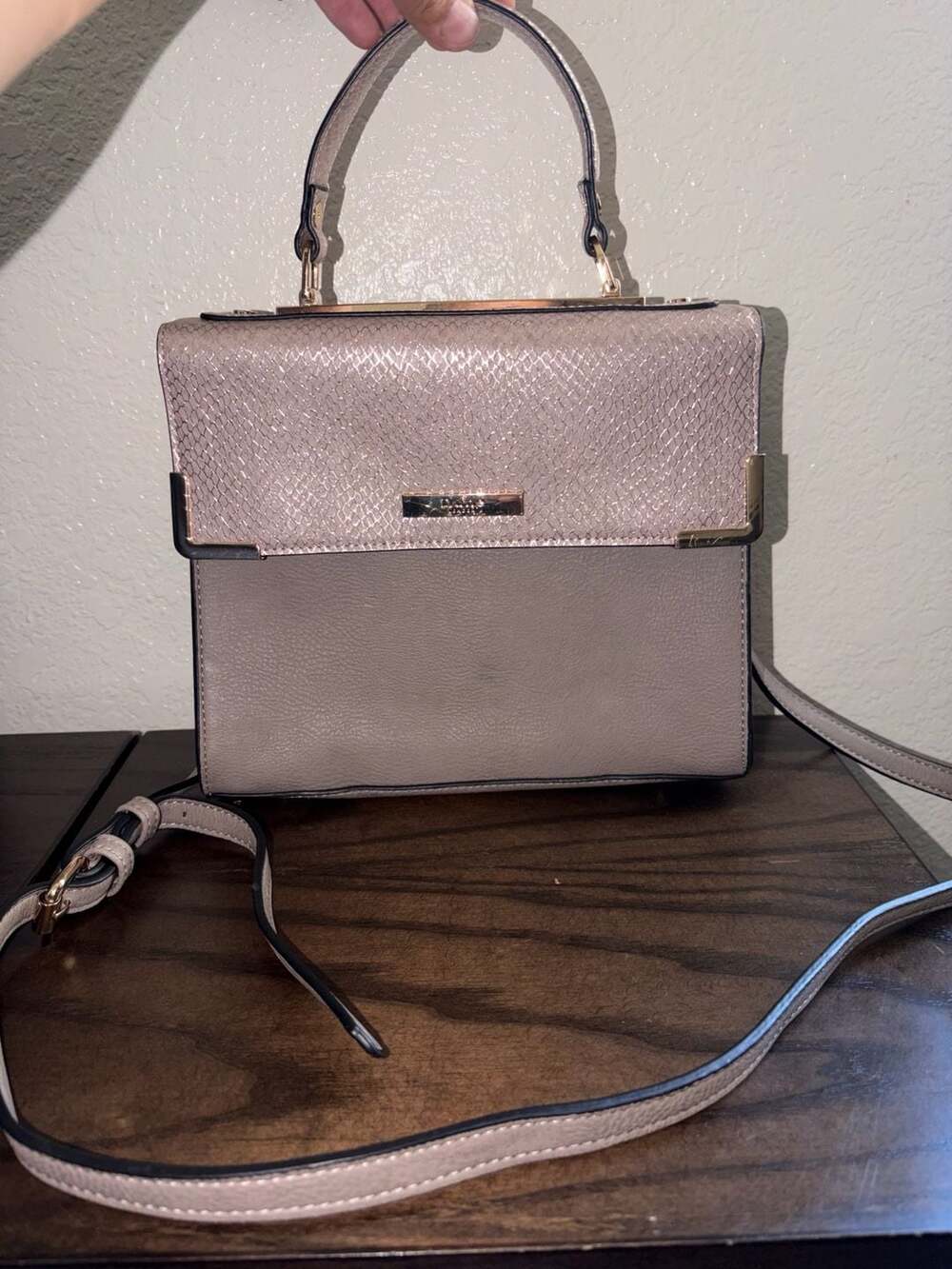 Dune London Satchel Bag Taupe Snakeskin Print Metallic Crossbody with Pouch Flaw